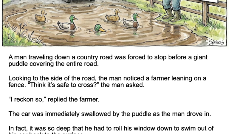 A man stop before a giant puddle