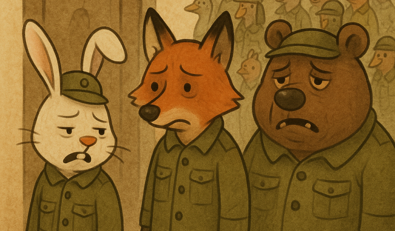 A rabbit, a fox and a bear have to enroll in the army