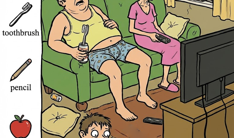 Find Spoon, Toothbrush, Pencil, Apple, Pliers