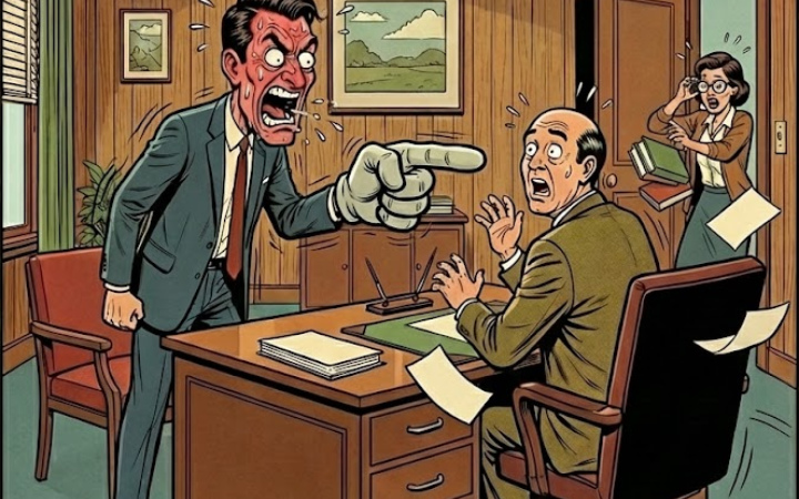 An irate father stormed into the principal’s office.
