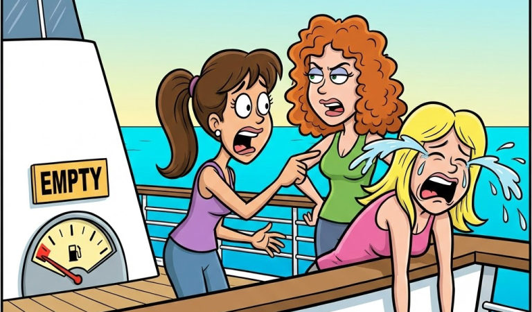 A blonde, a brunette, and a redhead are on a ship.